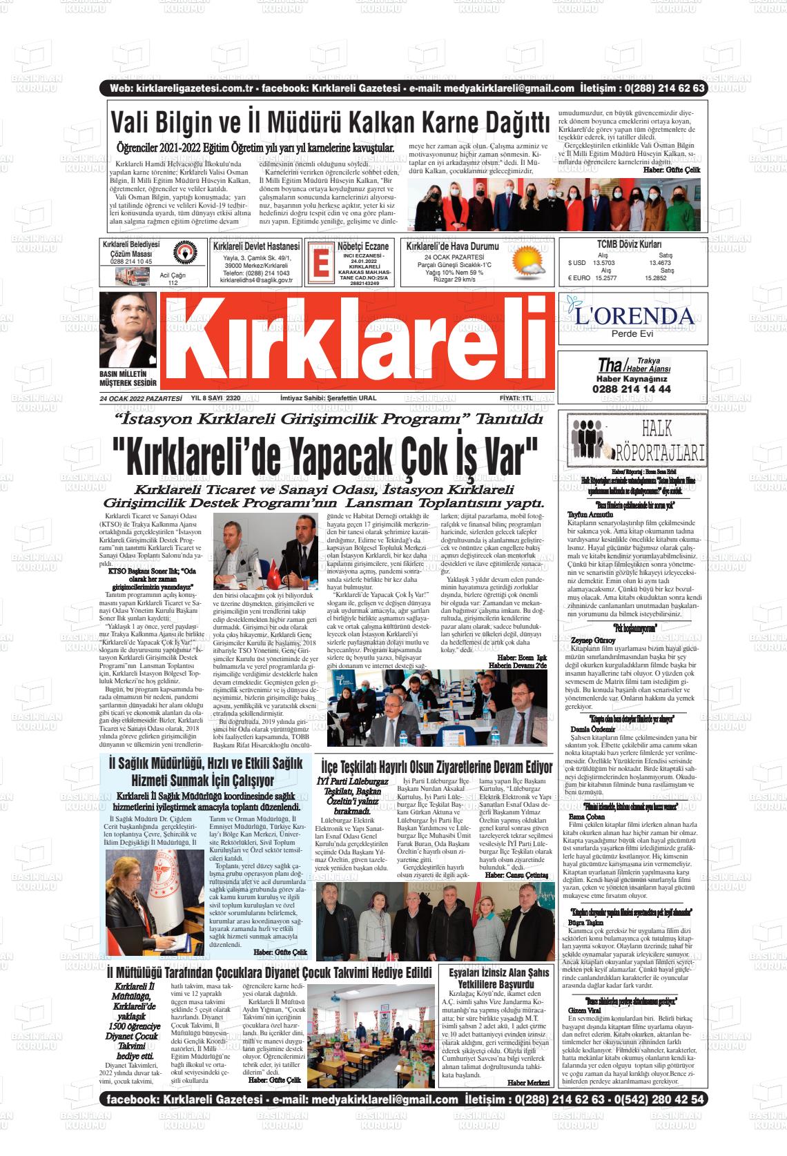 24 Ocak 2022 Kırklareli Gazete Manşeti