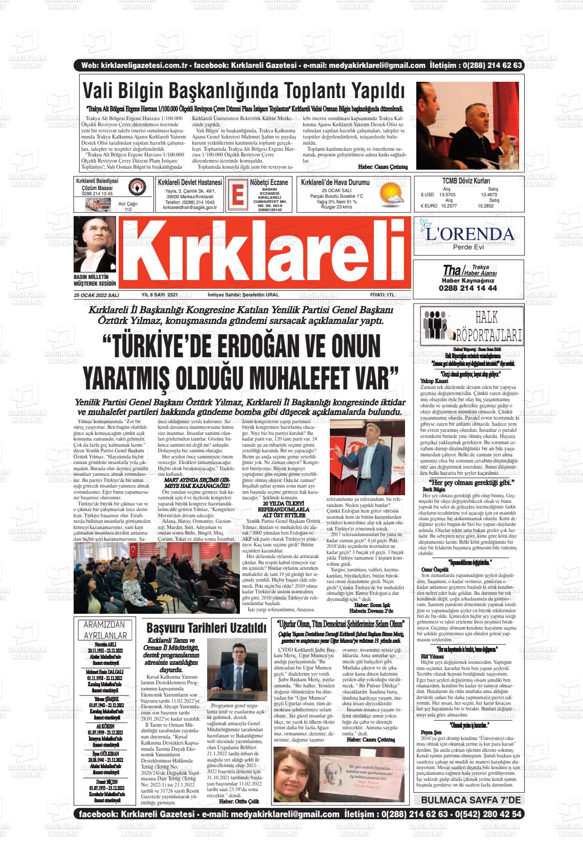 25 Ocak 2022 Kırklareli Gazete Manşeti