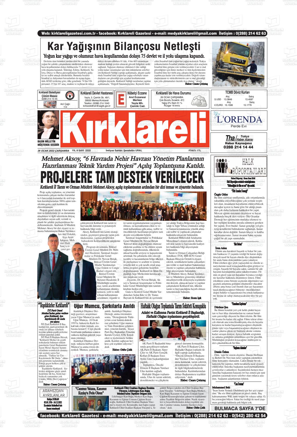 26 Ocak 2022 Kırklareli Gazete Manşeti