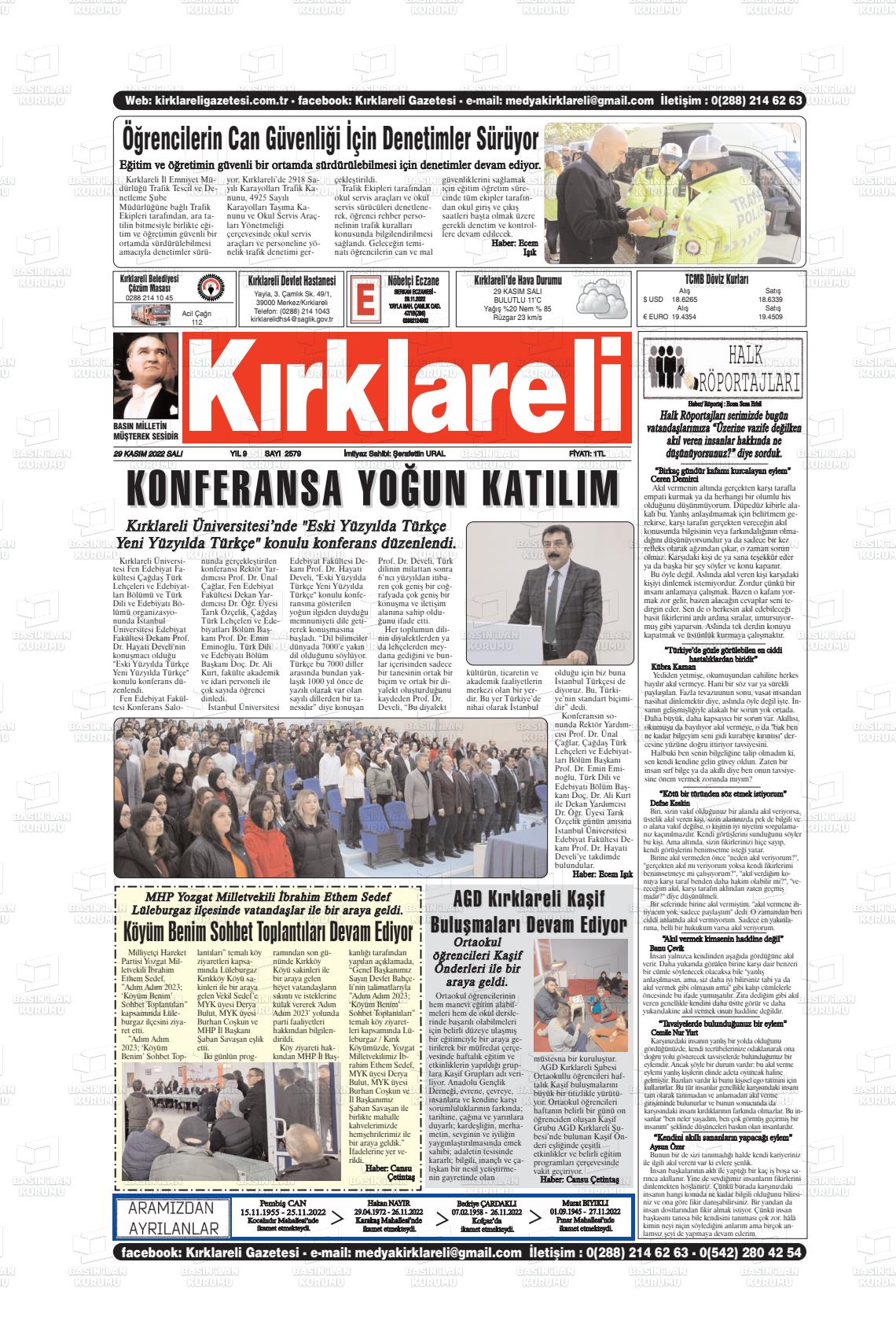 29 Kasım 2022 Kırklareli Gazete Manşeti