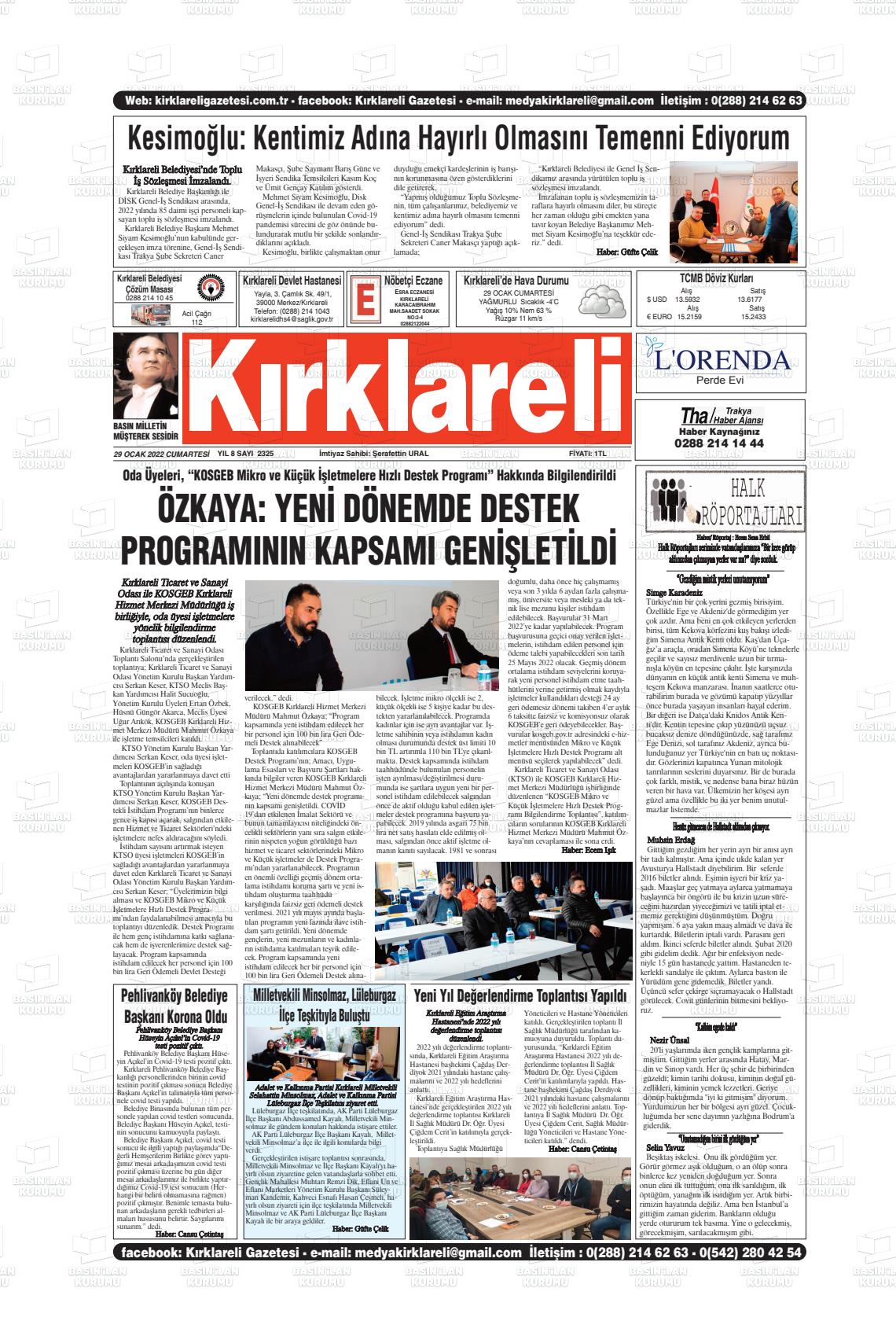 29 Ocak 2022 Kırklareli Gazete Manşeti