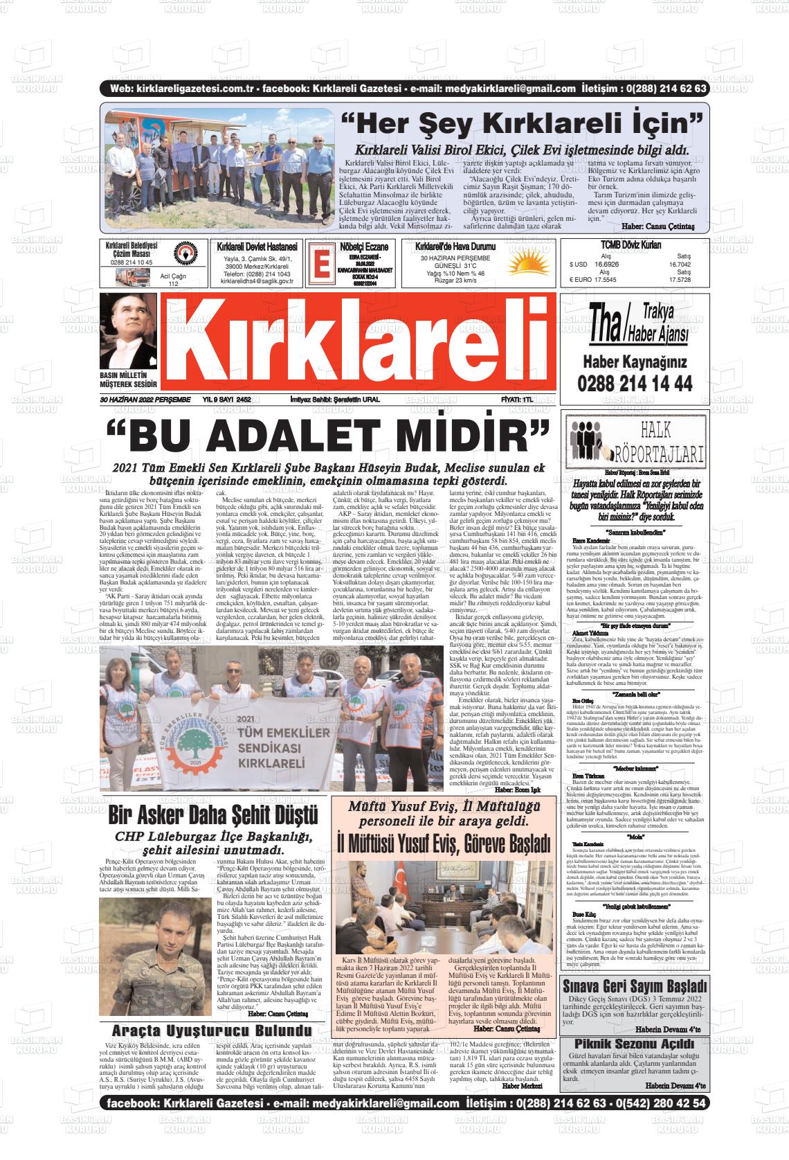 02 Temmuz 2022 Kırklareli Gazete Manşeti