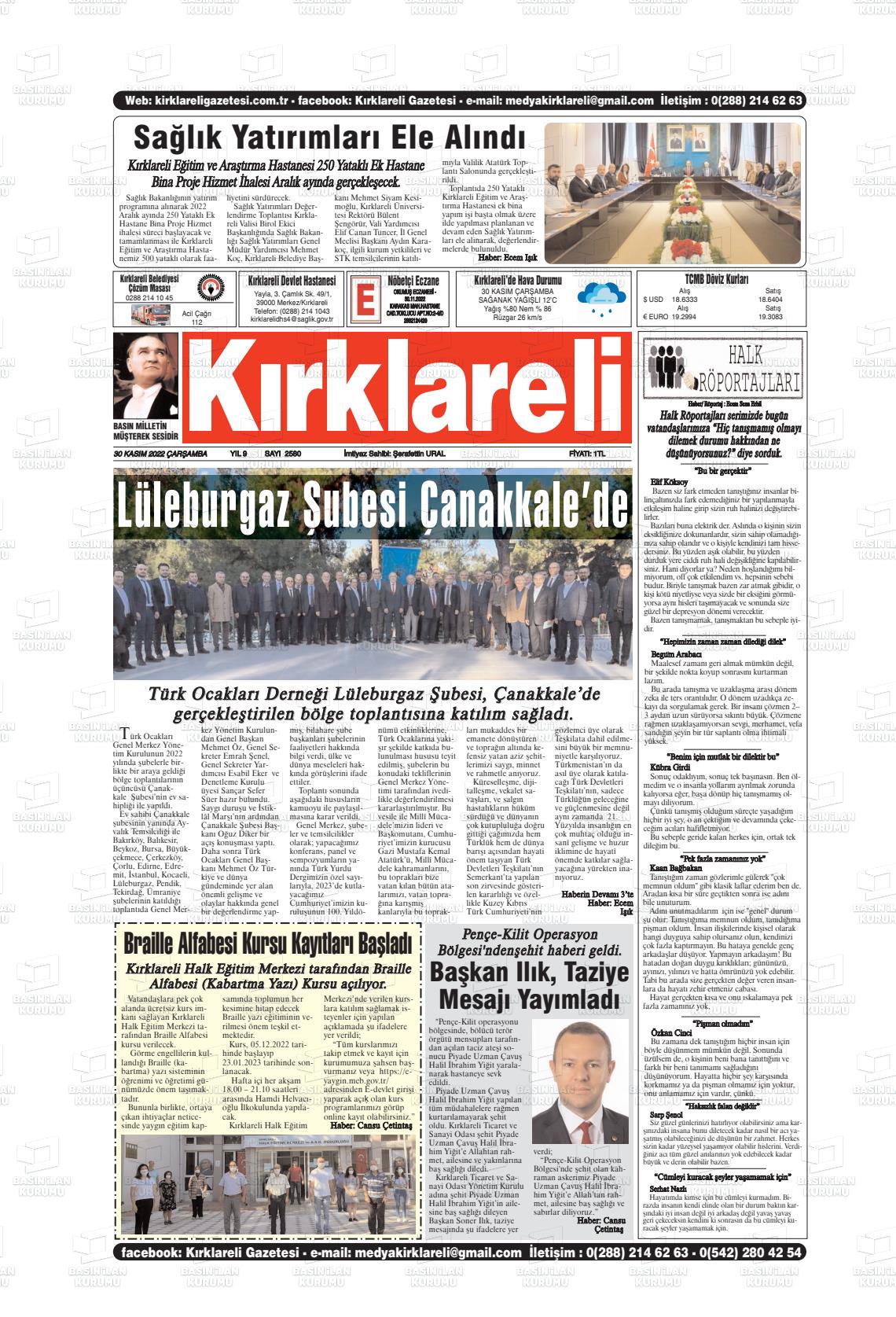 30 Kasım 2022 Kırklareli Gazete Manşeti