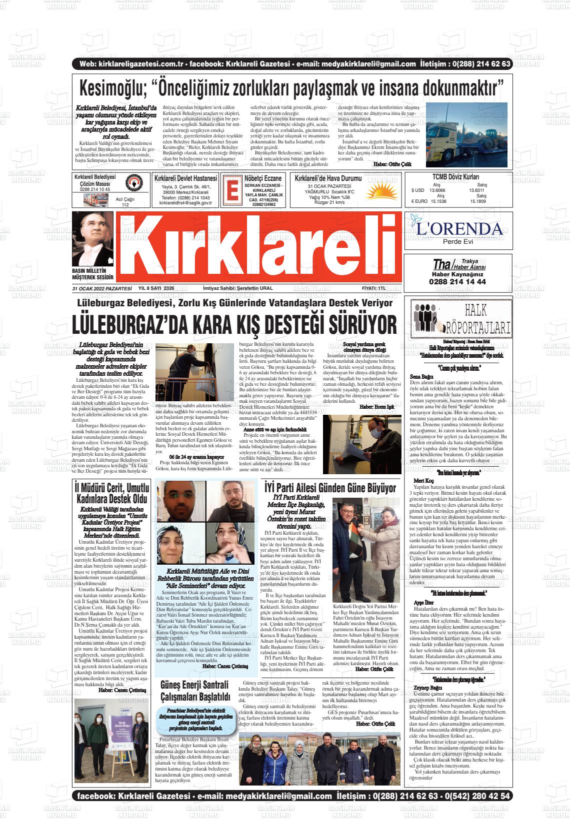 31 Ocak 2022 Kırklareli Gazete Manşeti