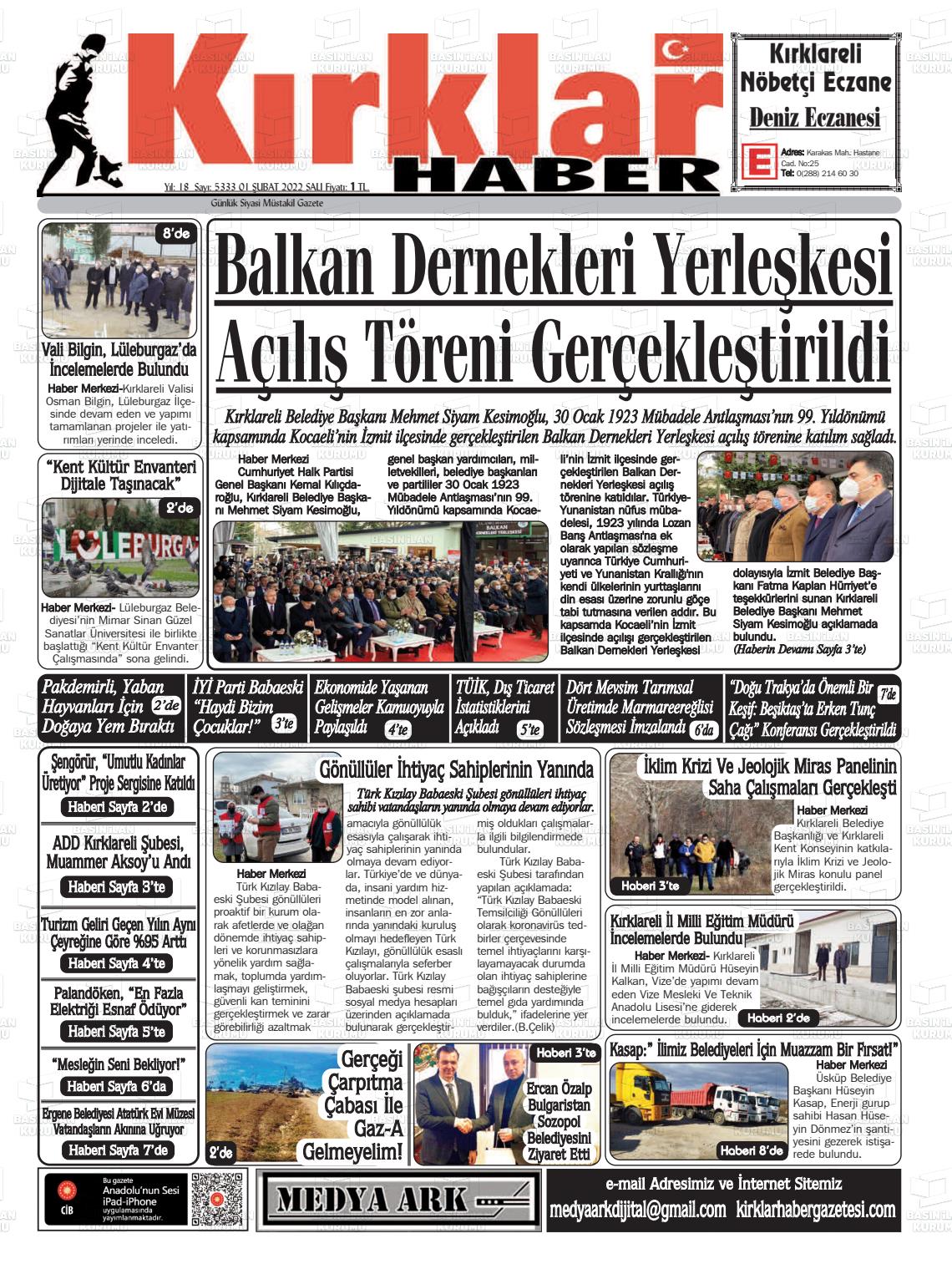 01 Şubat 2022 Kırklar Haber Gazete Manşeti