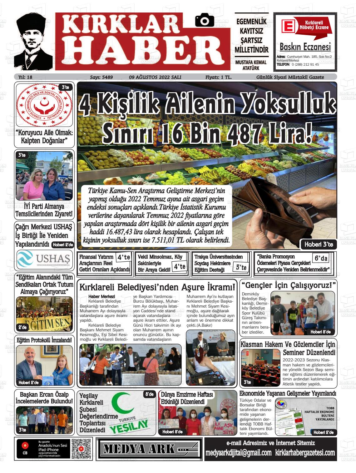 09 Ağustos 2022 Kırklar Haber Gazete Manşeti