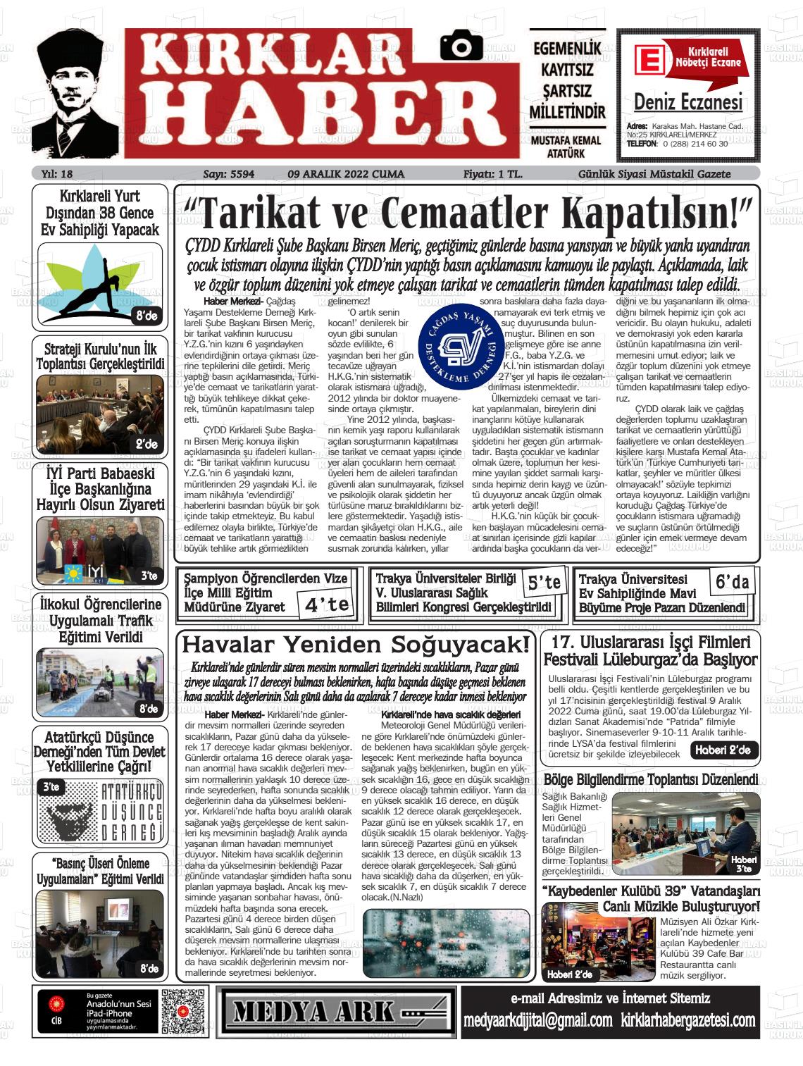 09 Aralık 2022 Kırklar Haber Gazete Manşeti