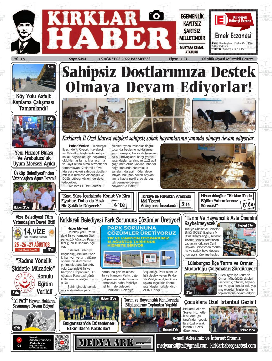 15 Ağustos 2022 Kırklar Haber Gazete Manşeti