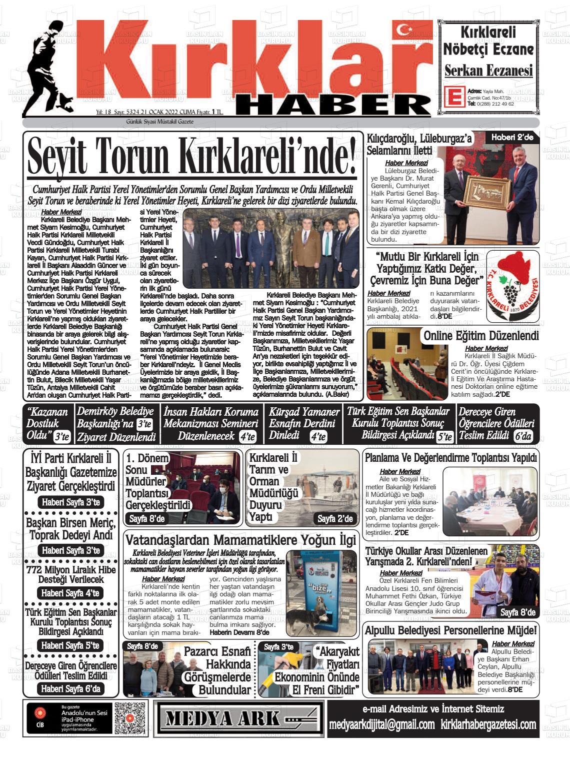 21 Ocak 2022 Kırklar Haber Gazete Manşeti