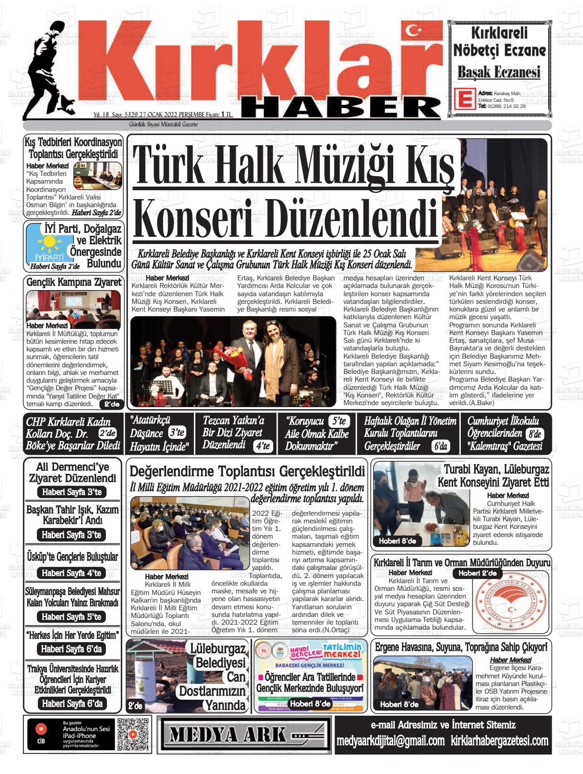 27 Ocak 2022 Kırklar Haber Gazete Manşeti