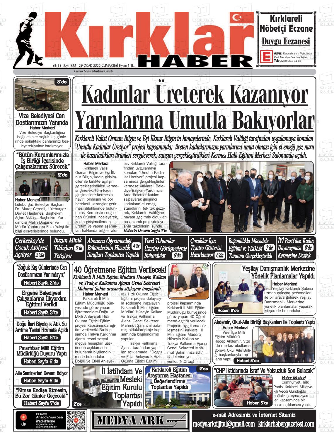 29 Ocak 2022 Kırklar Haber Gazete Manşeti