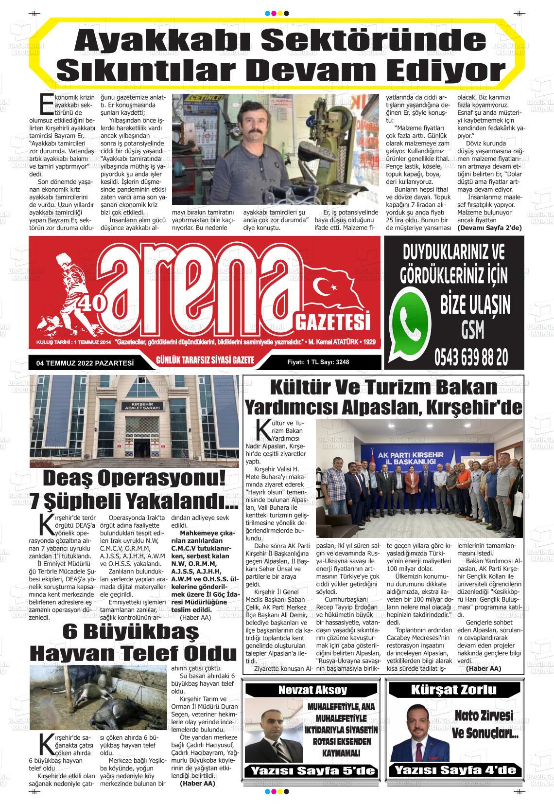 04 Temmuz 2022 Kırşehir Arena Gazete Manşeti