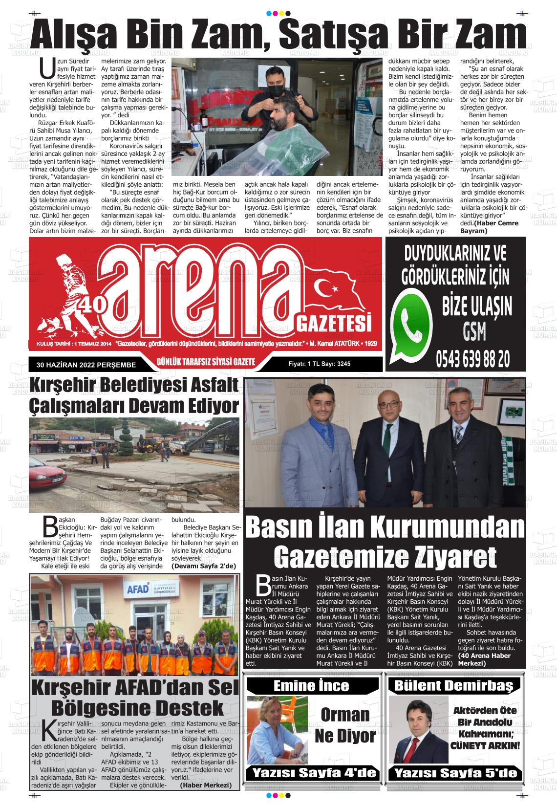 01 Temmuz 2022 Kırşehir Arena Gazete Manşeti