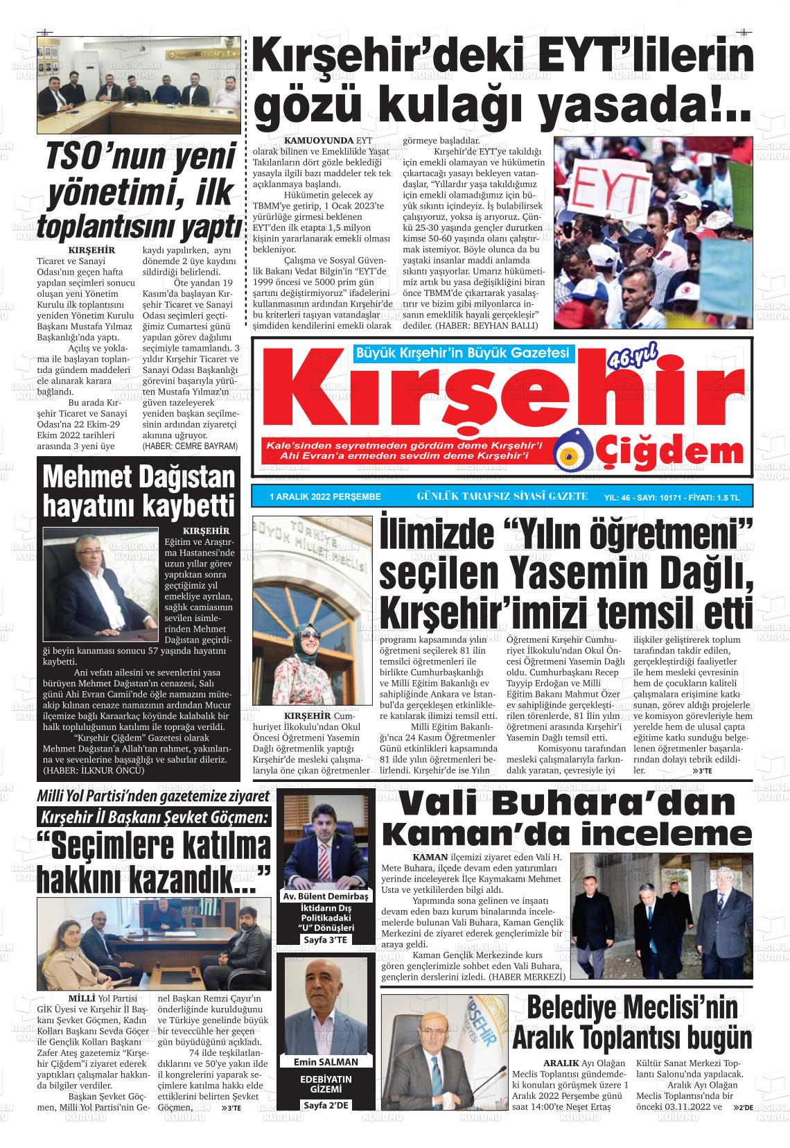 01 Aralık 2022 Kırşehir Çiğdem Gazete Manşeti