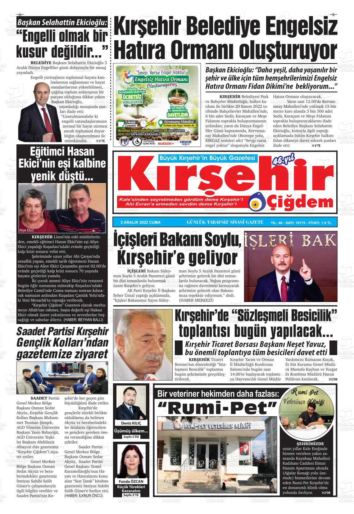 02 Aralık 2022 Kırşehir Çiğdem Gazete Manşeti