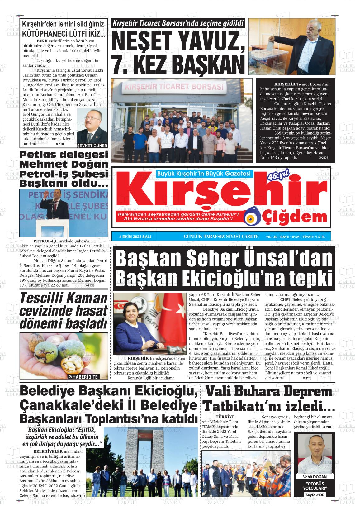 04 Ekim 2022 Kırşehir Çiğdem Gazete Manşeti