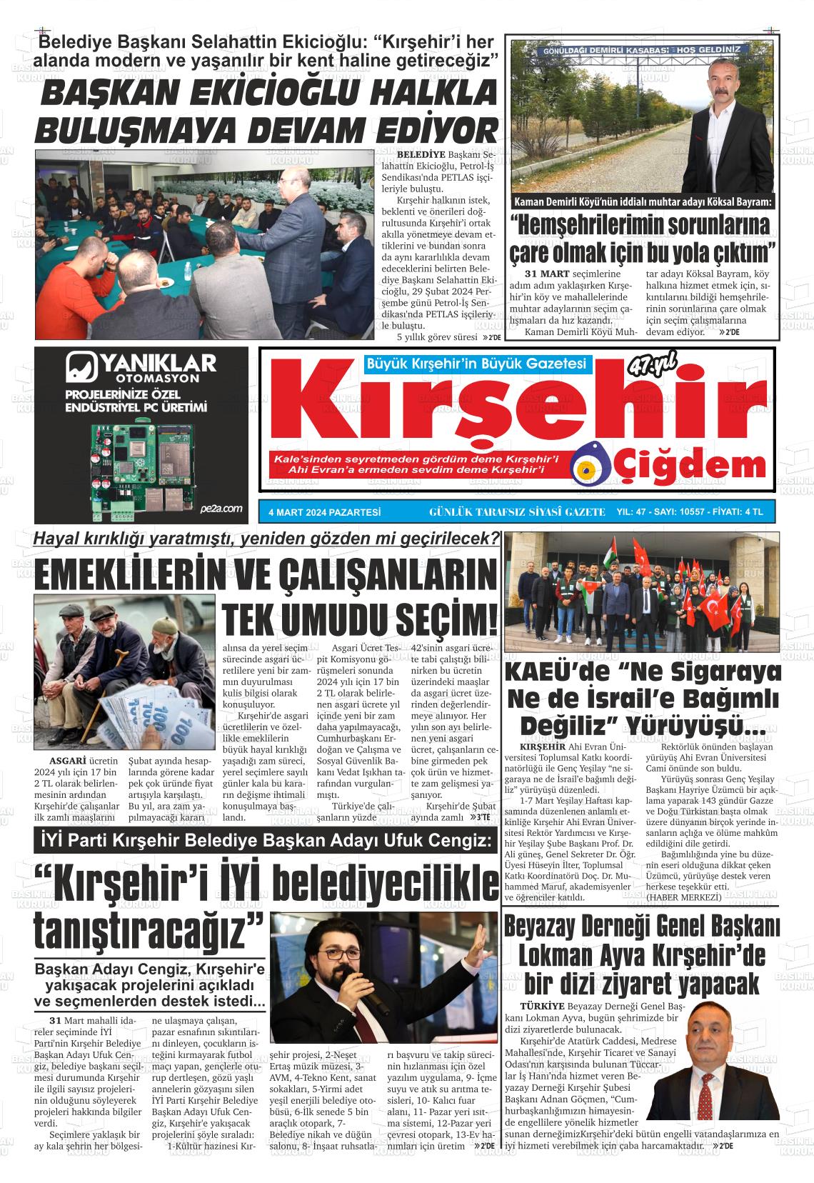 04 Mart 2024 Kırşehir Çiğdem Gazete Manşeti