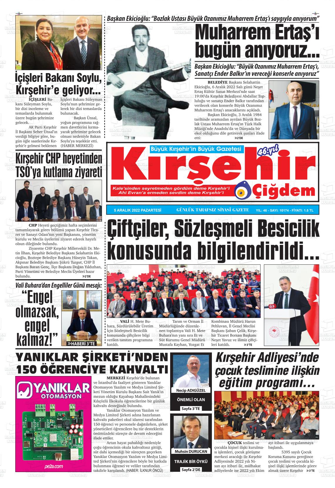 05 Aralık 2022 Kırşehir Çiğdem Gazete Manşeti