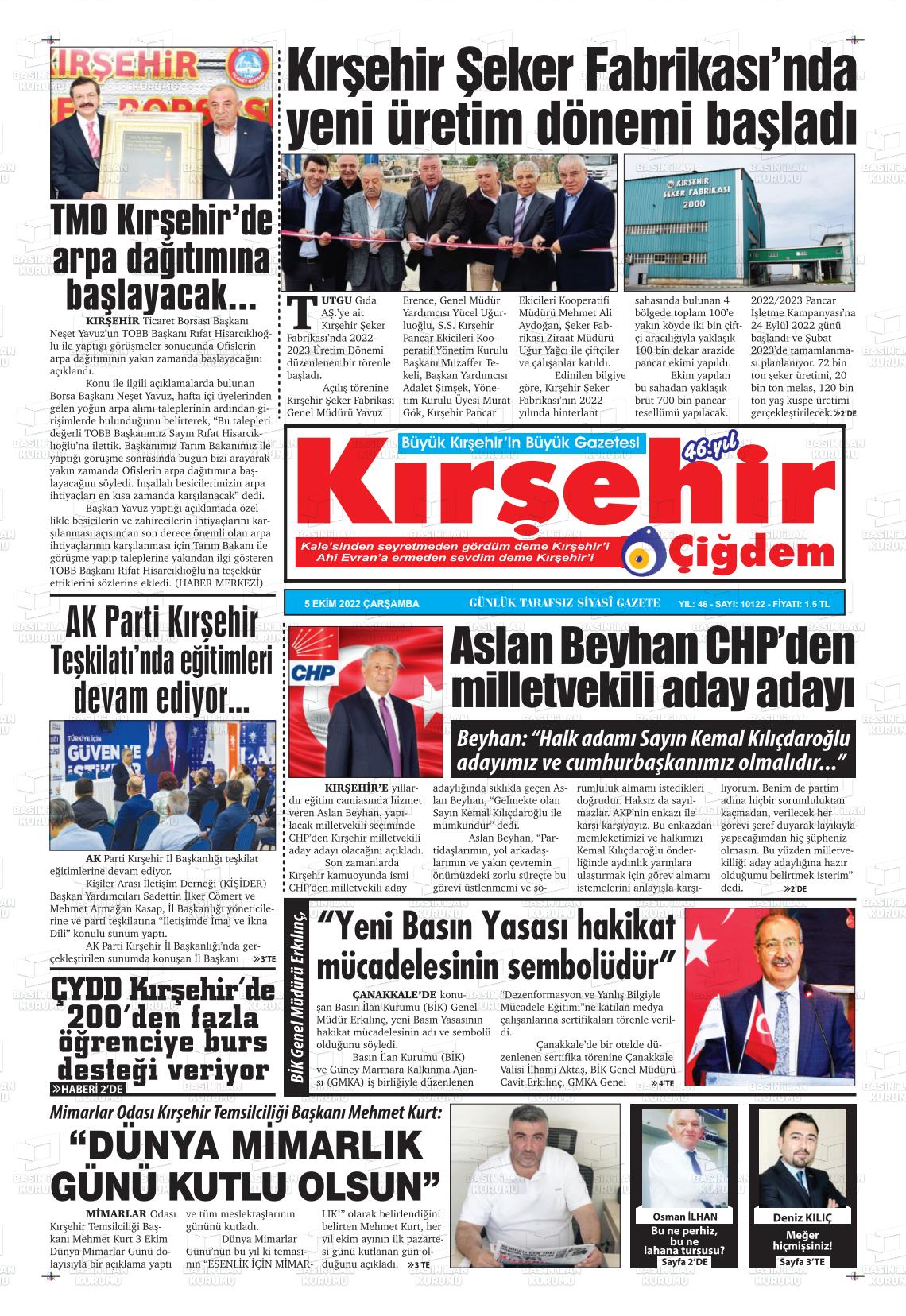 05 Ekim 2022 Kırşehir Çiğdem Gazete Manşeti