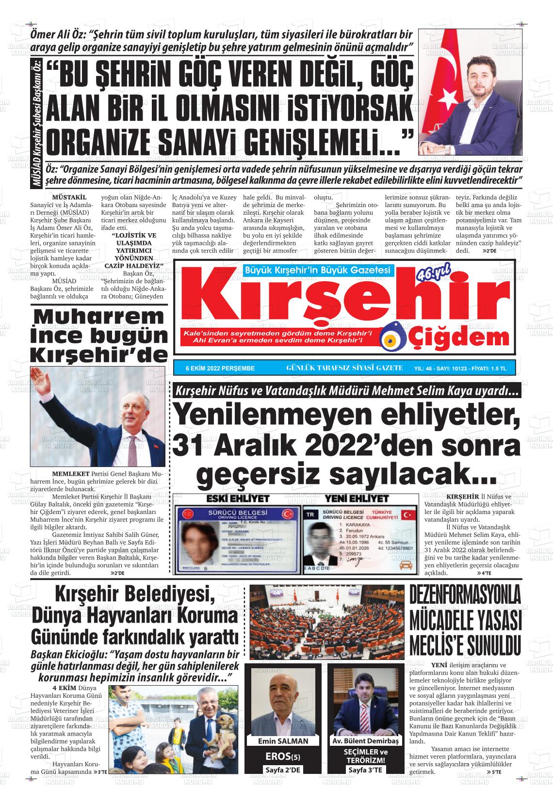 06 Ekim 2022 Kırşehir Çiğdem Gazete Manşeti