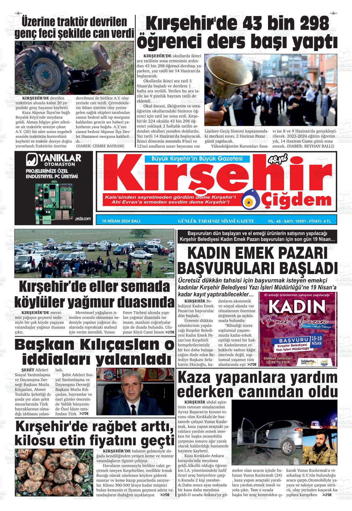 16 Nisan 2024 Kırşehir Çiğdem Gazete Manşeti