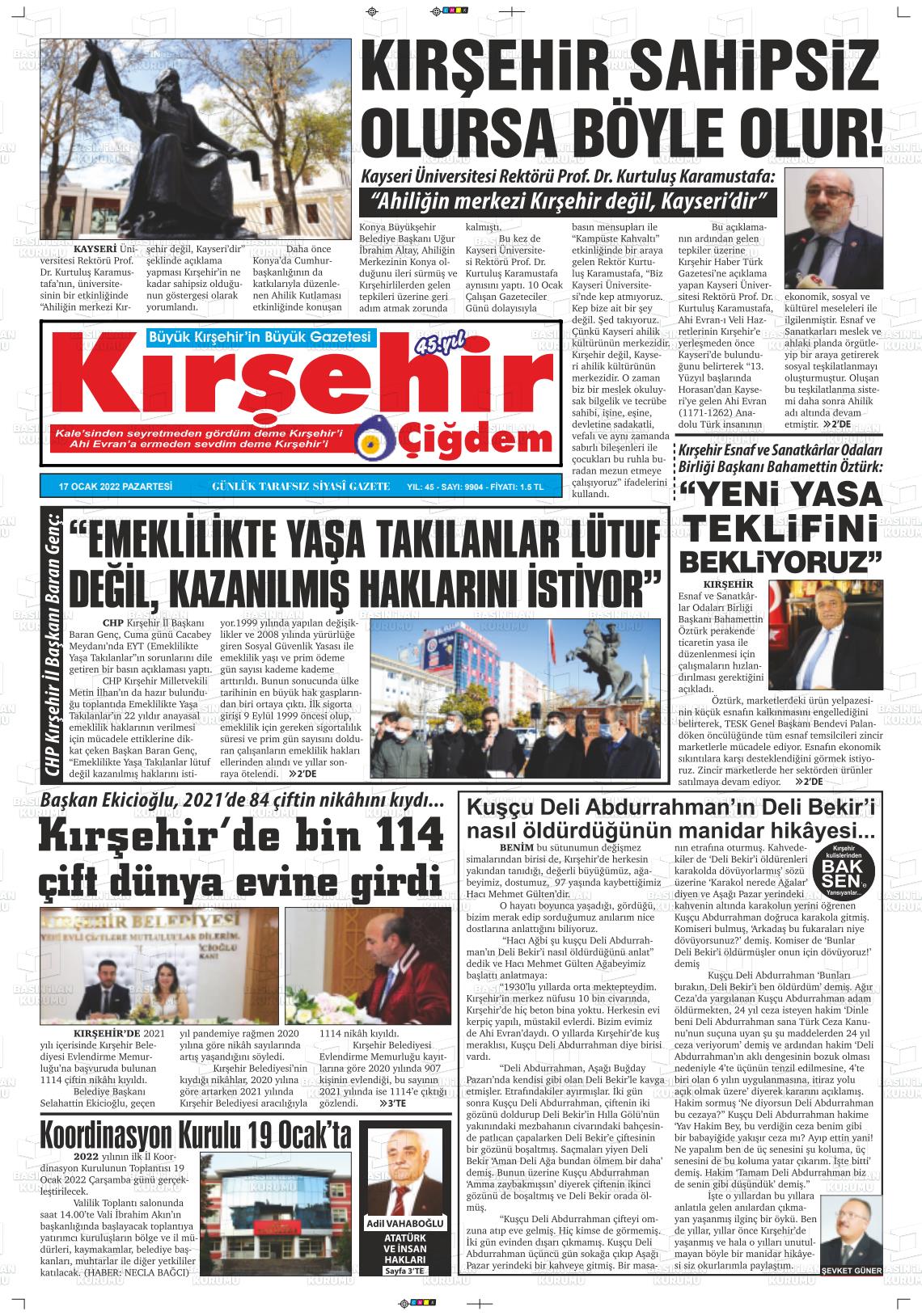 17 Ocak 2022 Kırşehir Çiğdem Gazete Manşeti