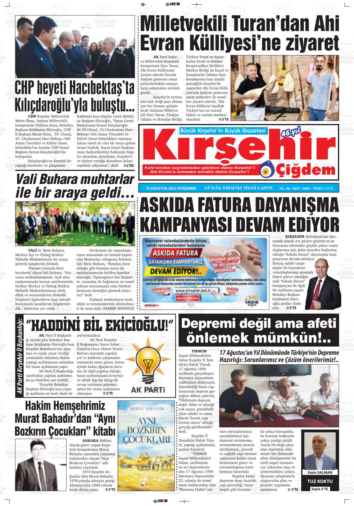 18 Ağustos 2022 Kırşehir Çiğdem Gazete Manşeti