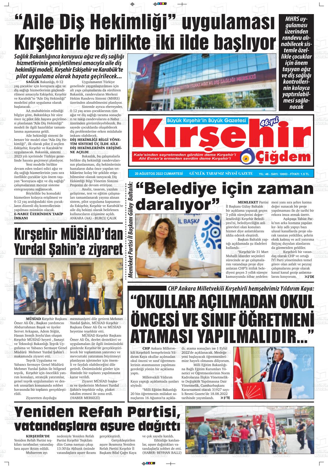 20 Ağustos 2022 Kırşehir Çiğdem Gazete Manşeti
