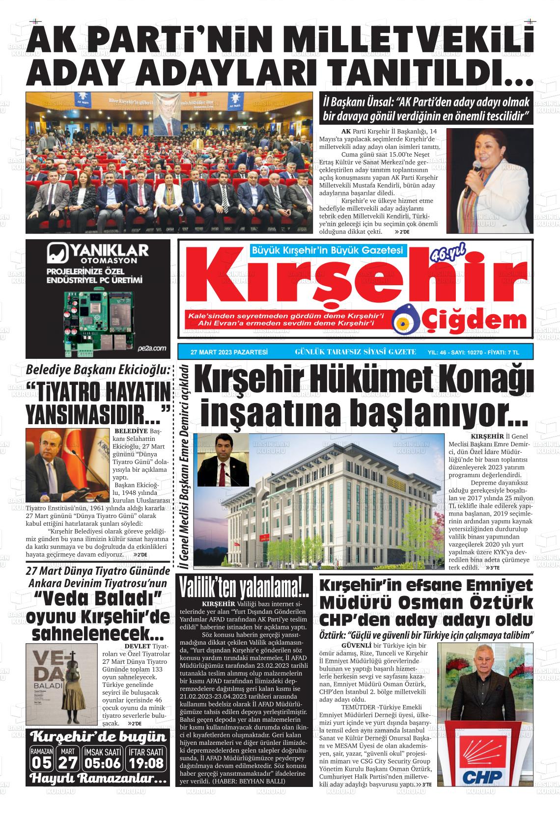 27 Mart 2023 Kırşehir Çiğdem Gazete Manşeti