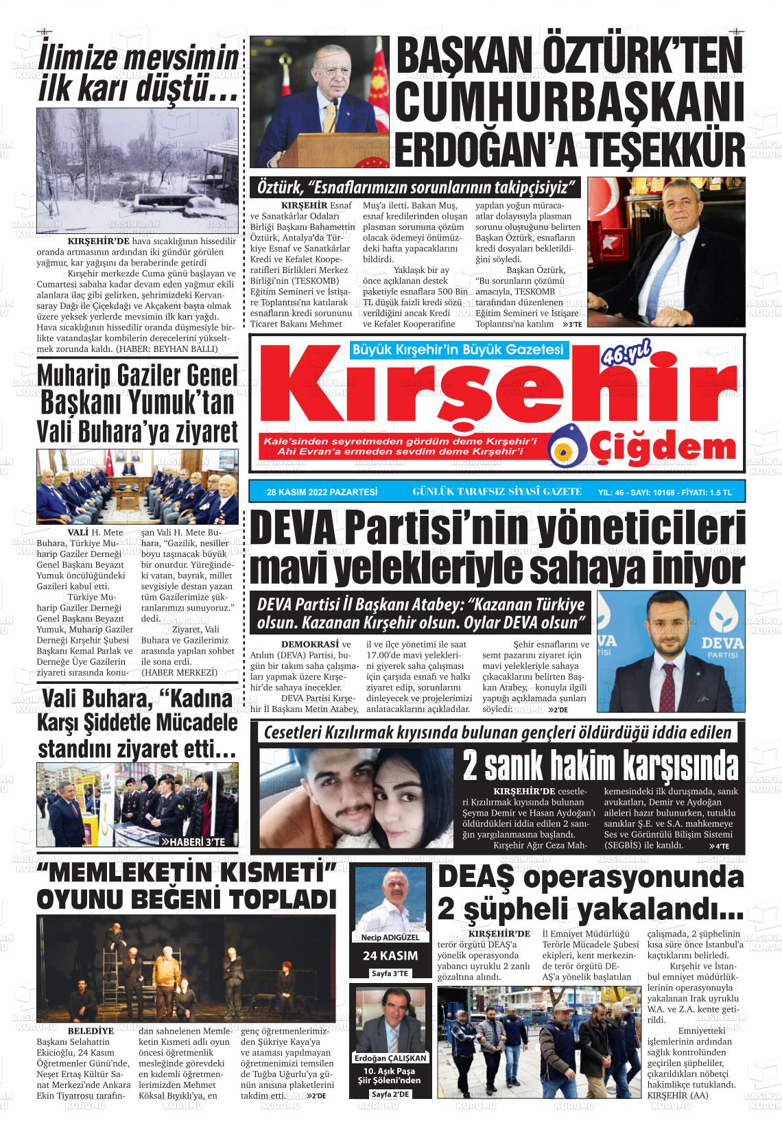 28 Kasım 2022 Kırşehir Çiğdem Gazete Manşeti