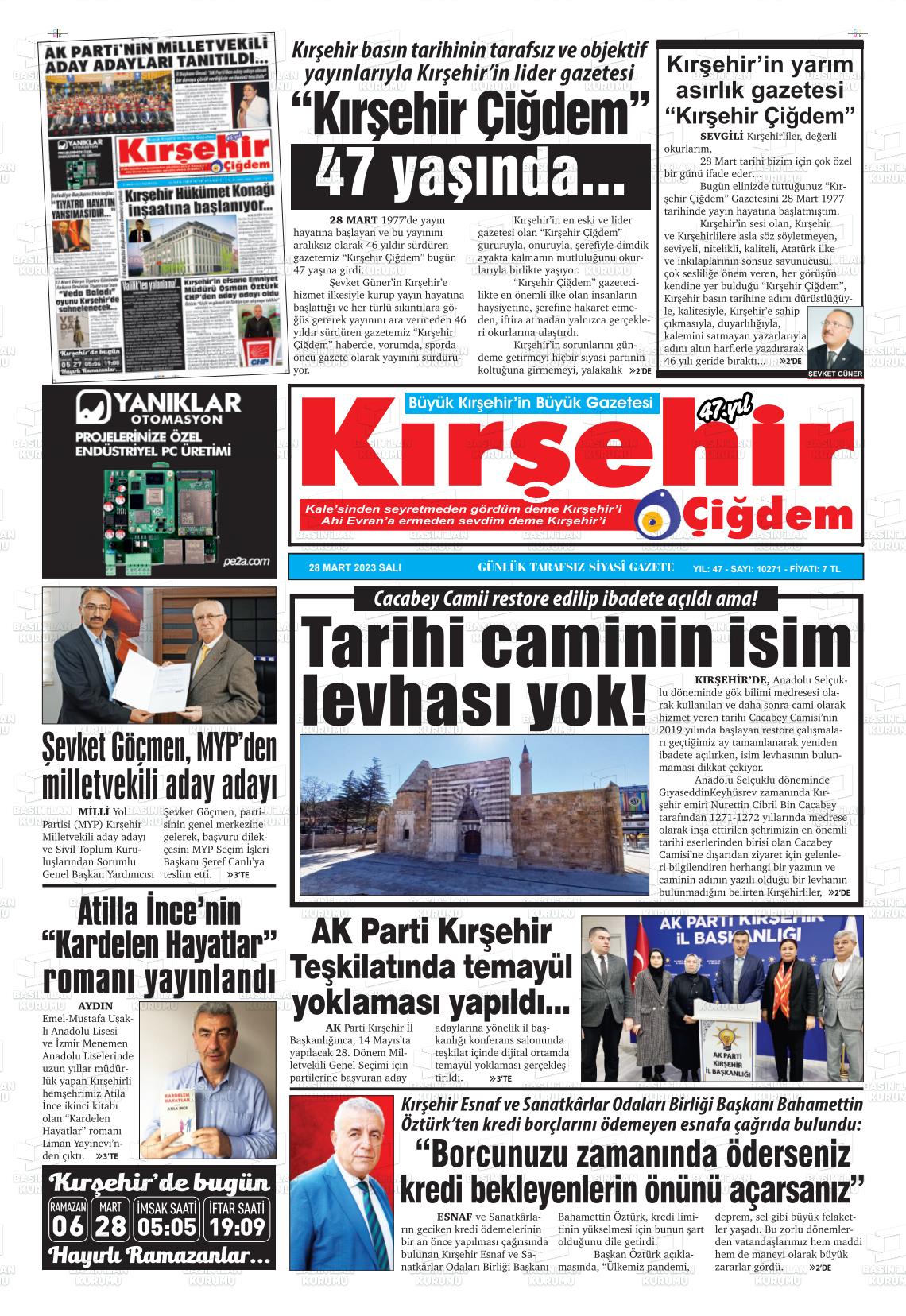 28 Mart 2023 Kırşehir Çiğdem Gazete Manşeti