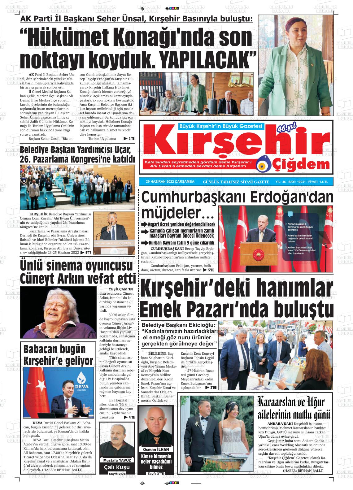29 Haziran 2022 Kırşehir Çiğdem Gazete Manşeti