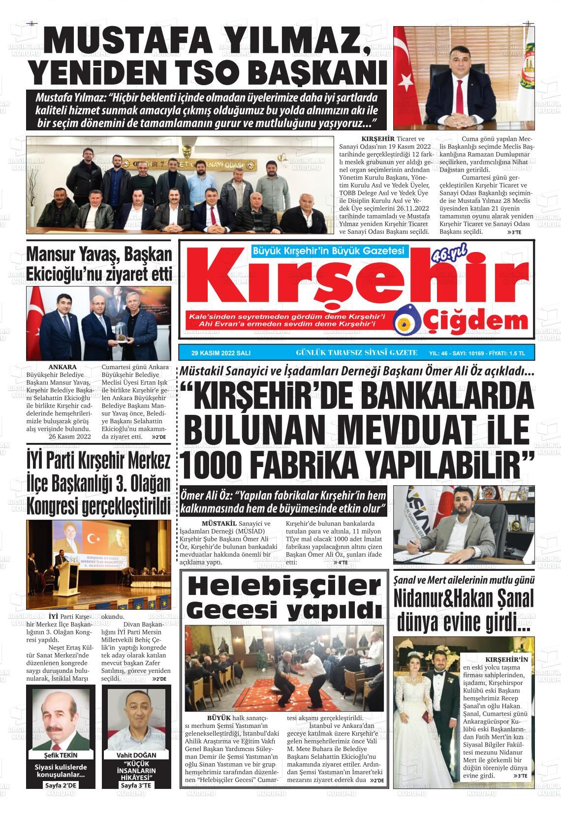 29 Kasım 2022 Kırşehir Çiğdem Gazete Manşeti