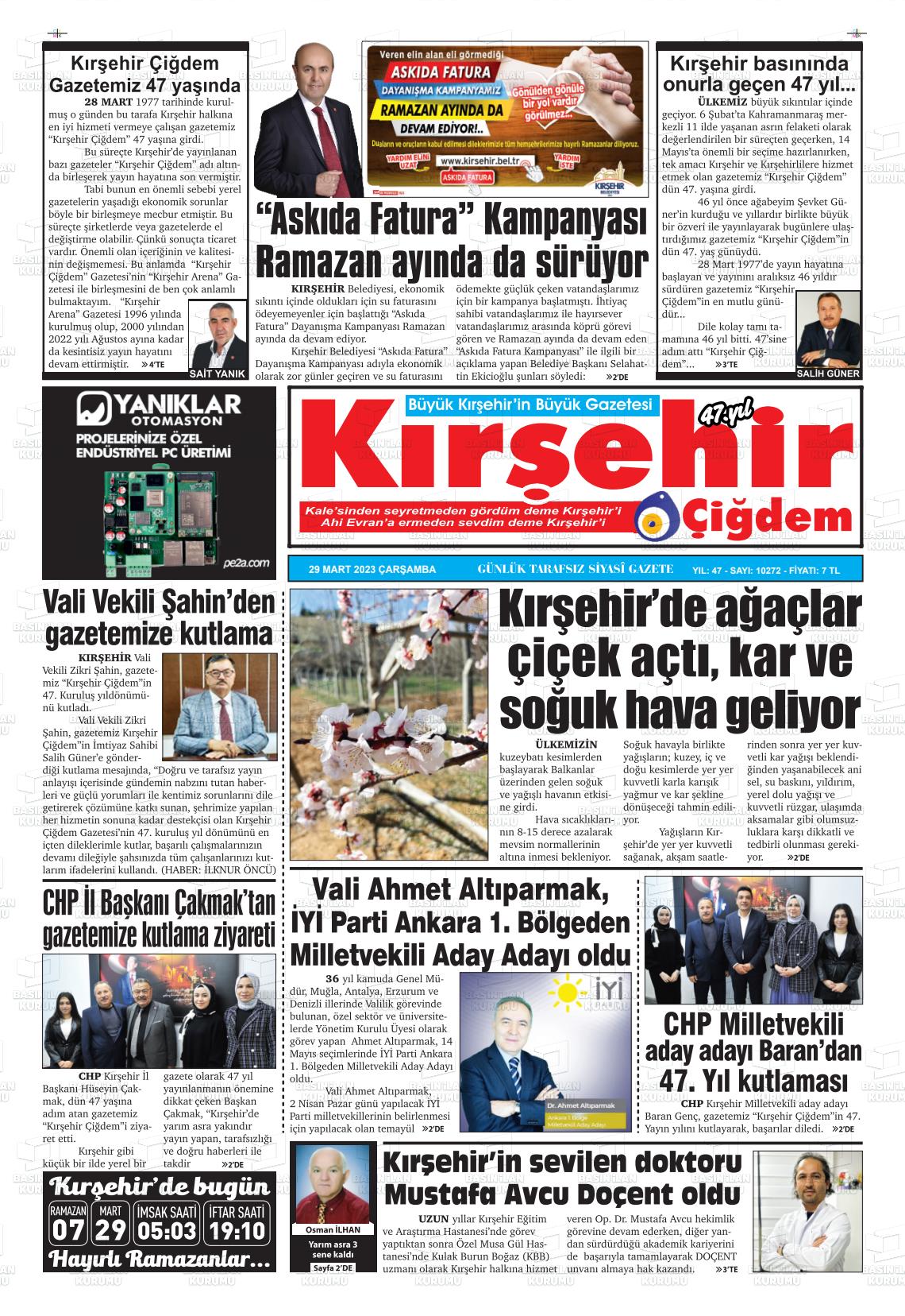 29 Mart 2023 Kırşehir Çiğdem Gazete Manşeti