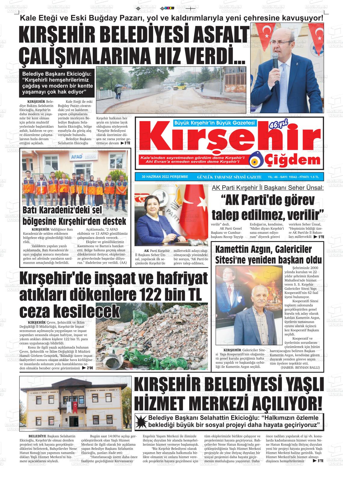 01 Temmuz 2022 Kırşehir Çiğdem Gazete Manşeti