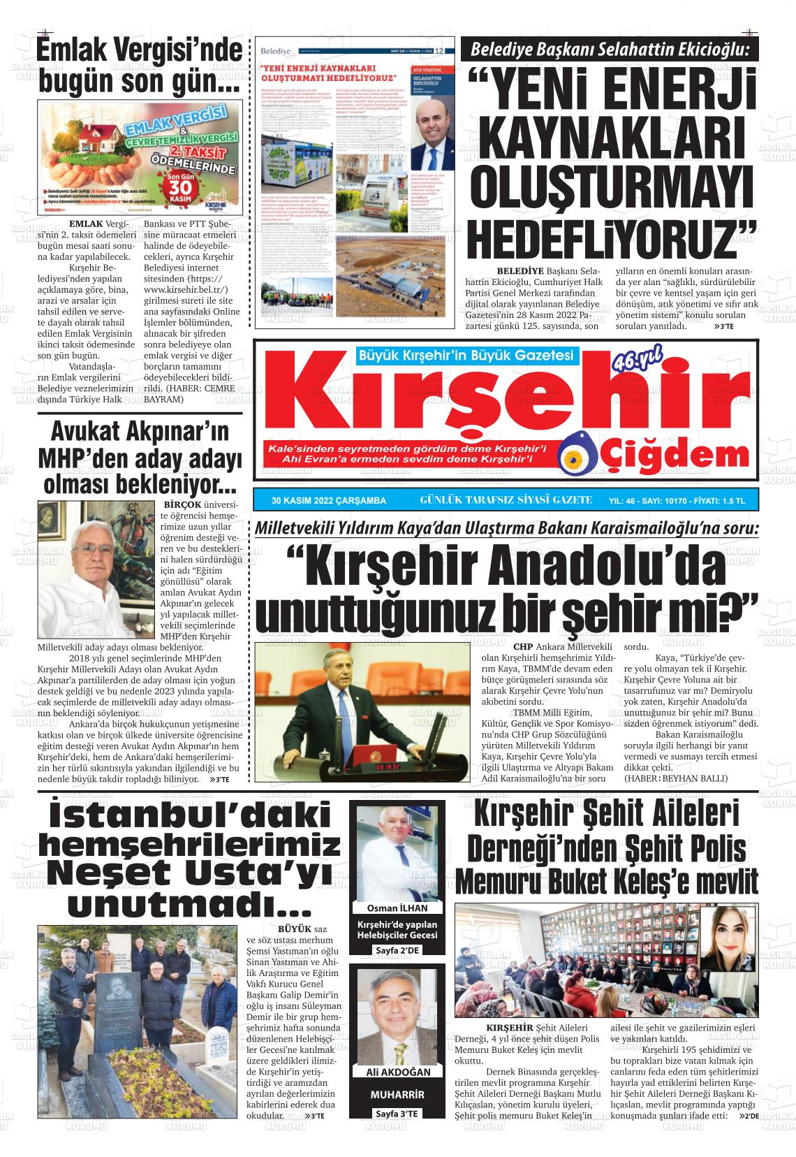 30 Kasım 2022 Kırşehir Çiğdem Gazete Manşeti
