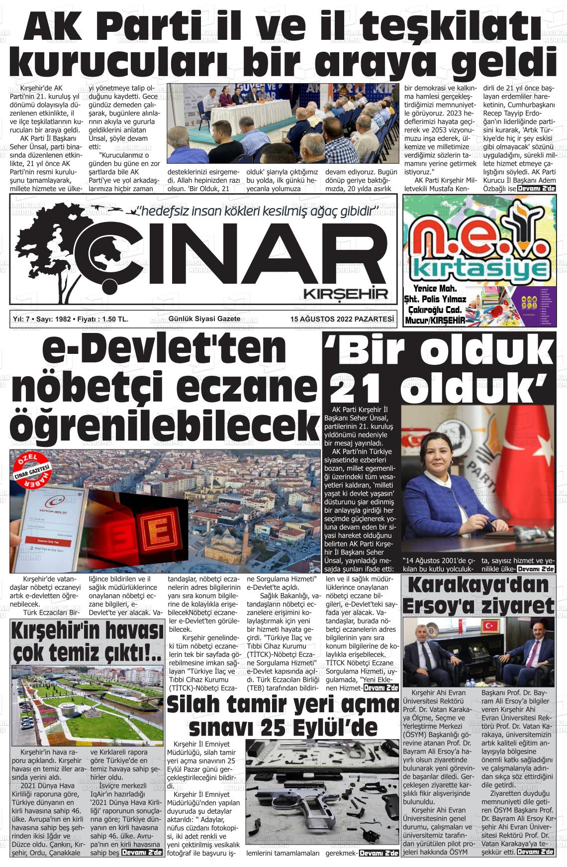 15 Ağustos 2022 Kırşehir Çınar Gazete Manşeti