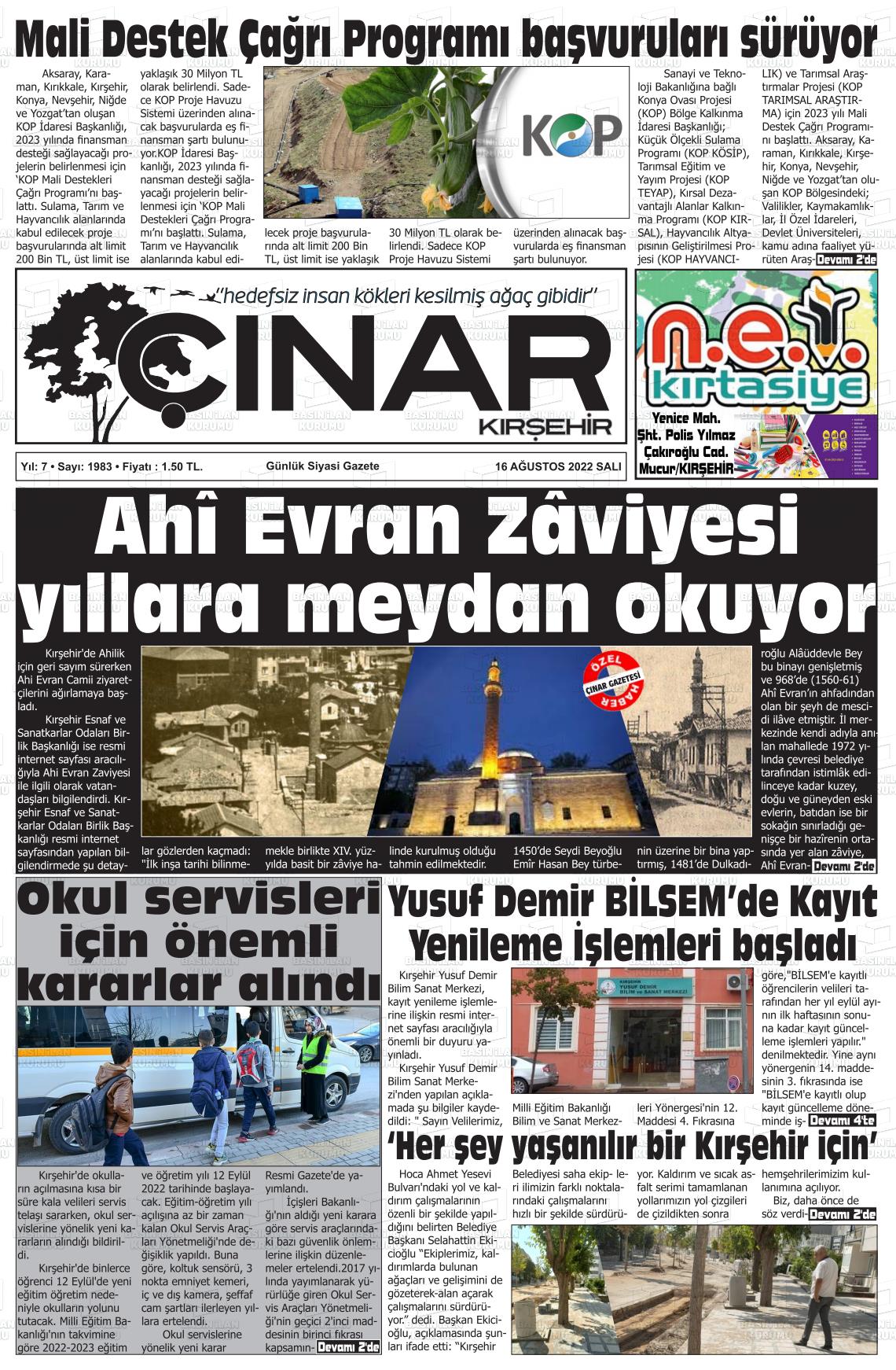 16 Ağustos 2022 Kırşehir Çınar Gazete Manşeti