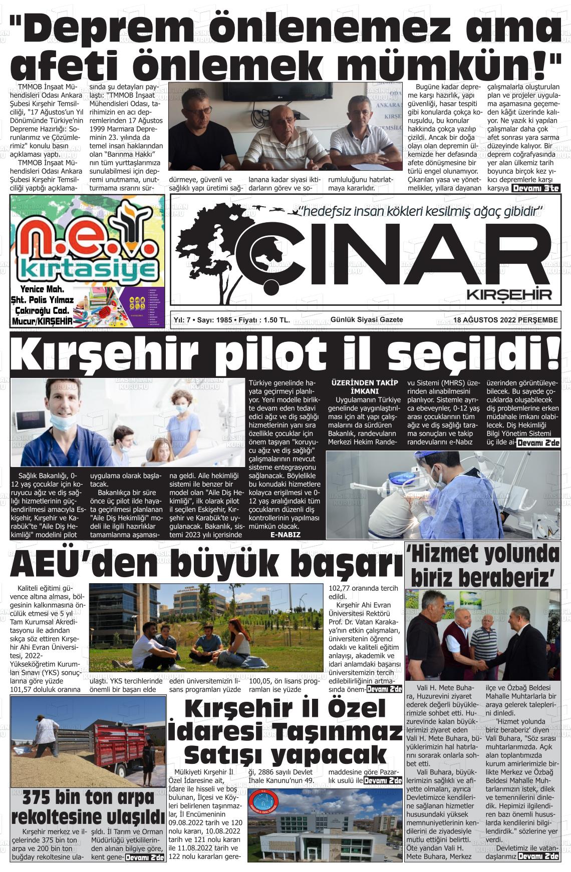 18 Ağustos 2022 Kırşehir Çınar Gazete Manşeti