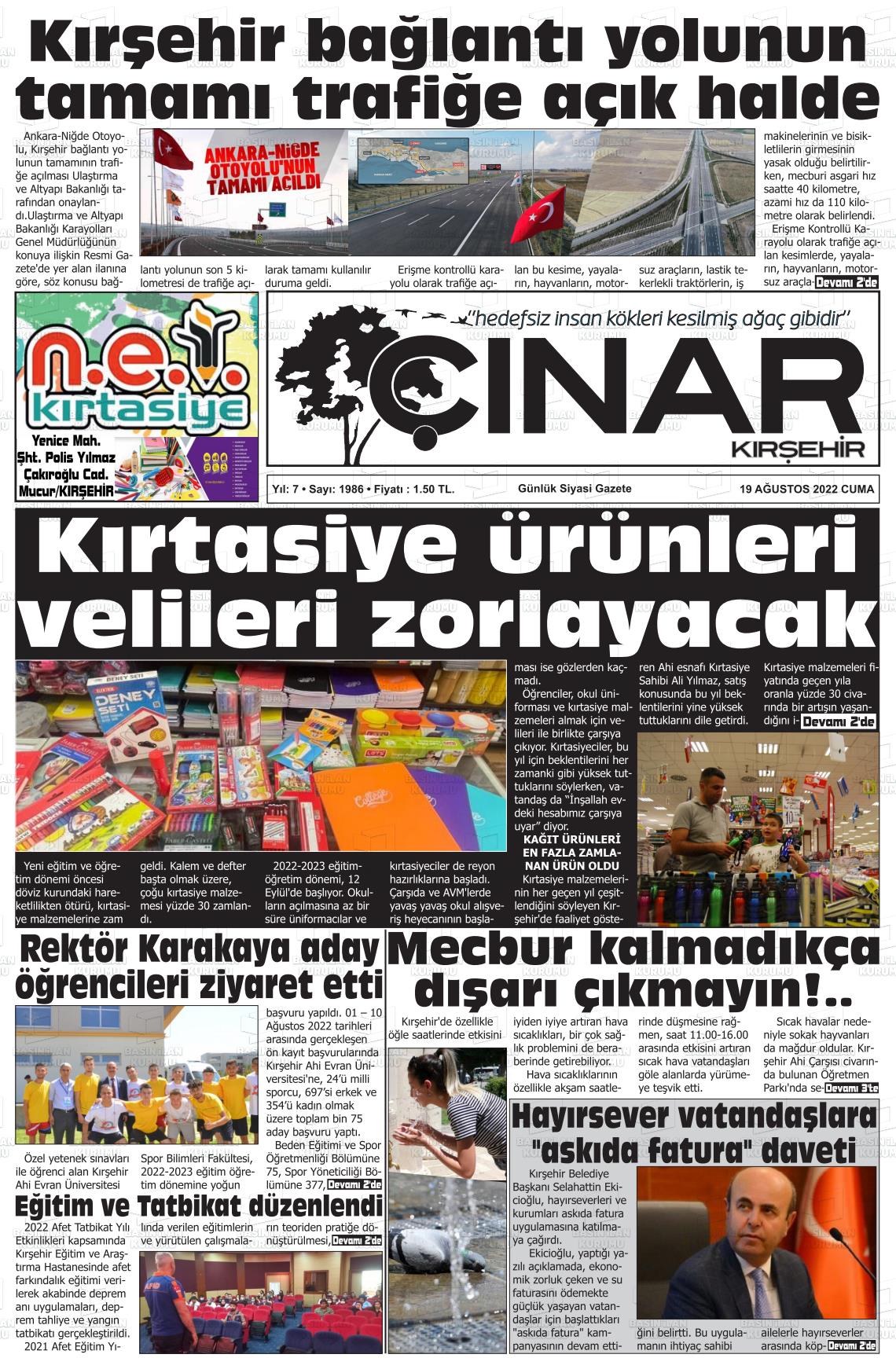 Kırşehir Çınar Gazete Manşeti