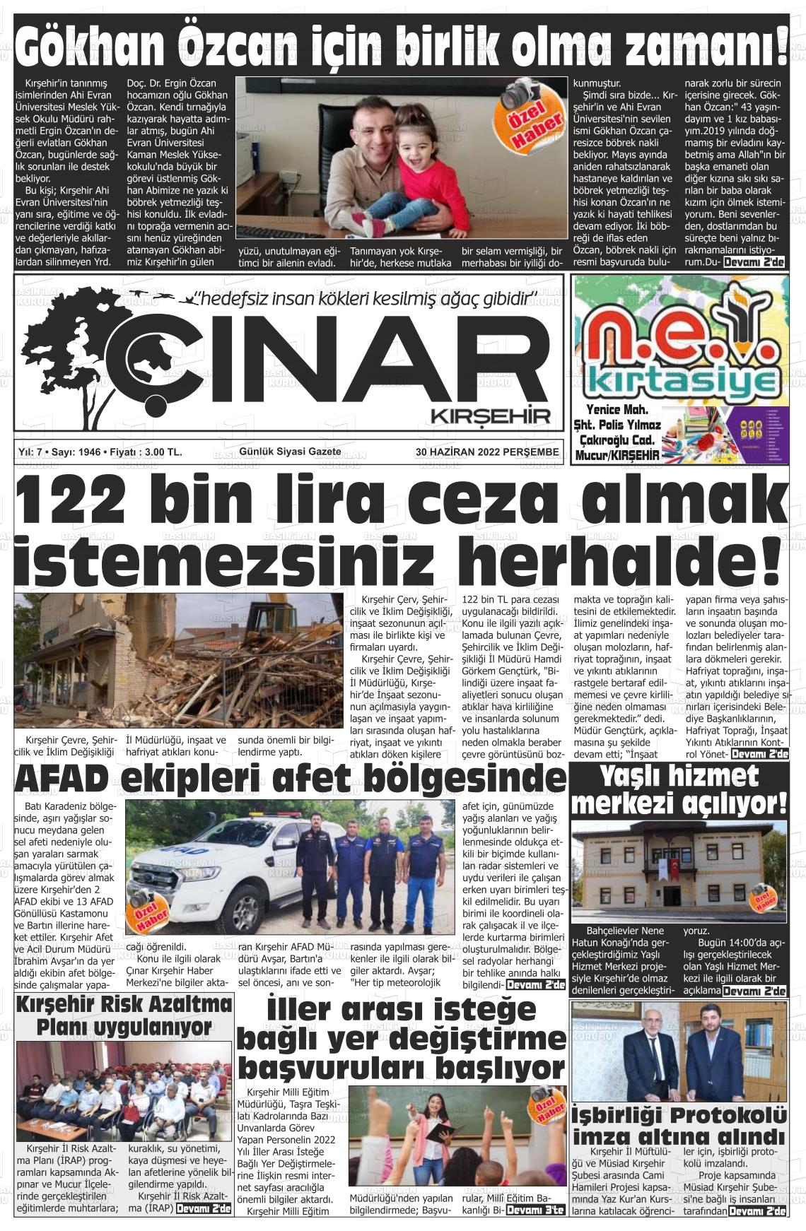 01 Temmuz 2022 Kırşehir Çınar Gazete Manşeti