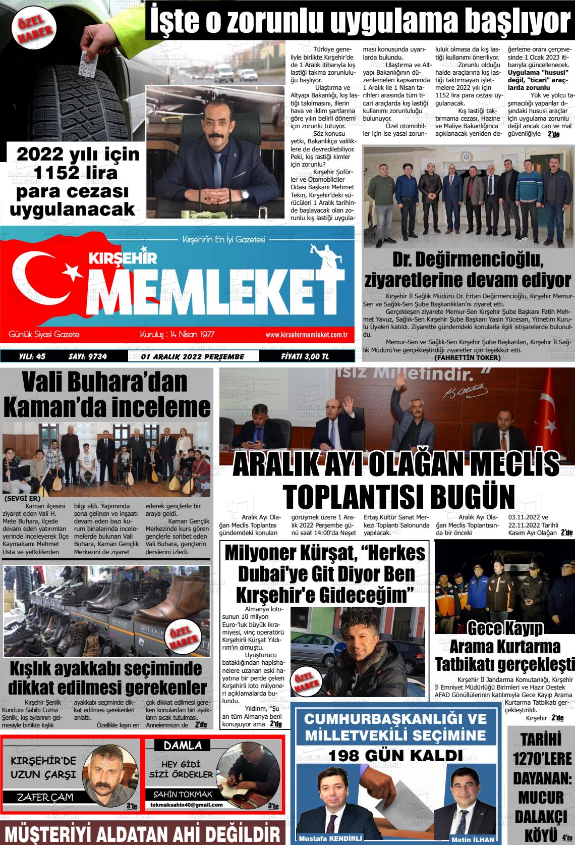 01 Aralık 2022 Kırşehir Memleket Gazete Manşeti