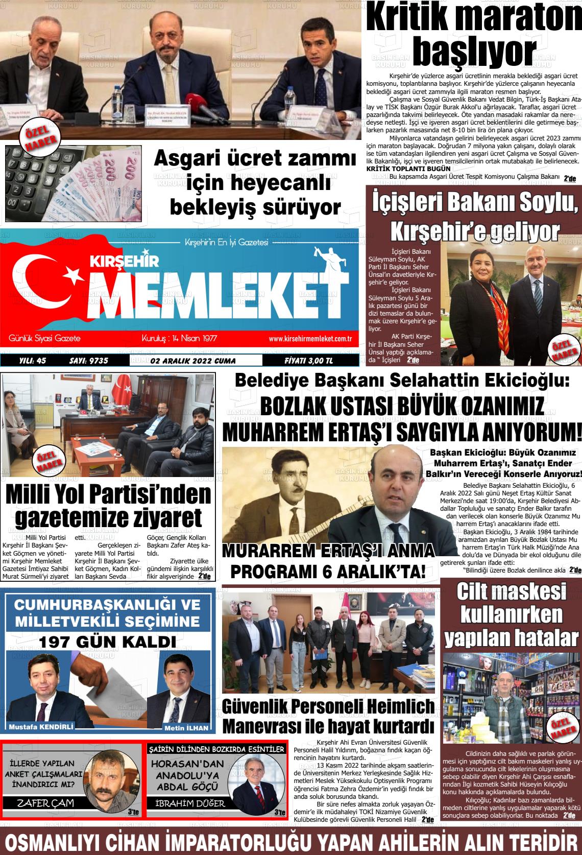 02 Aralık 2022 Kırşehir Memleket Gazete Manşeti