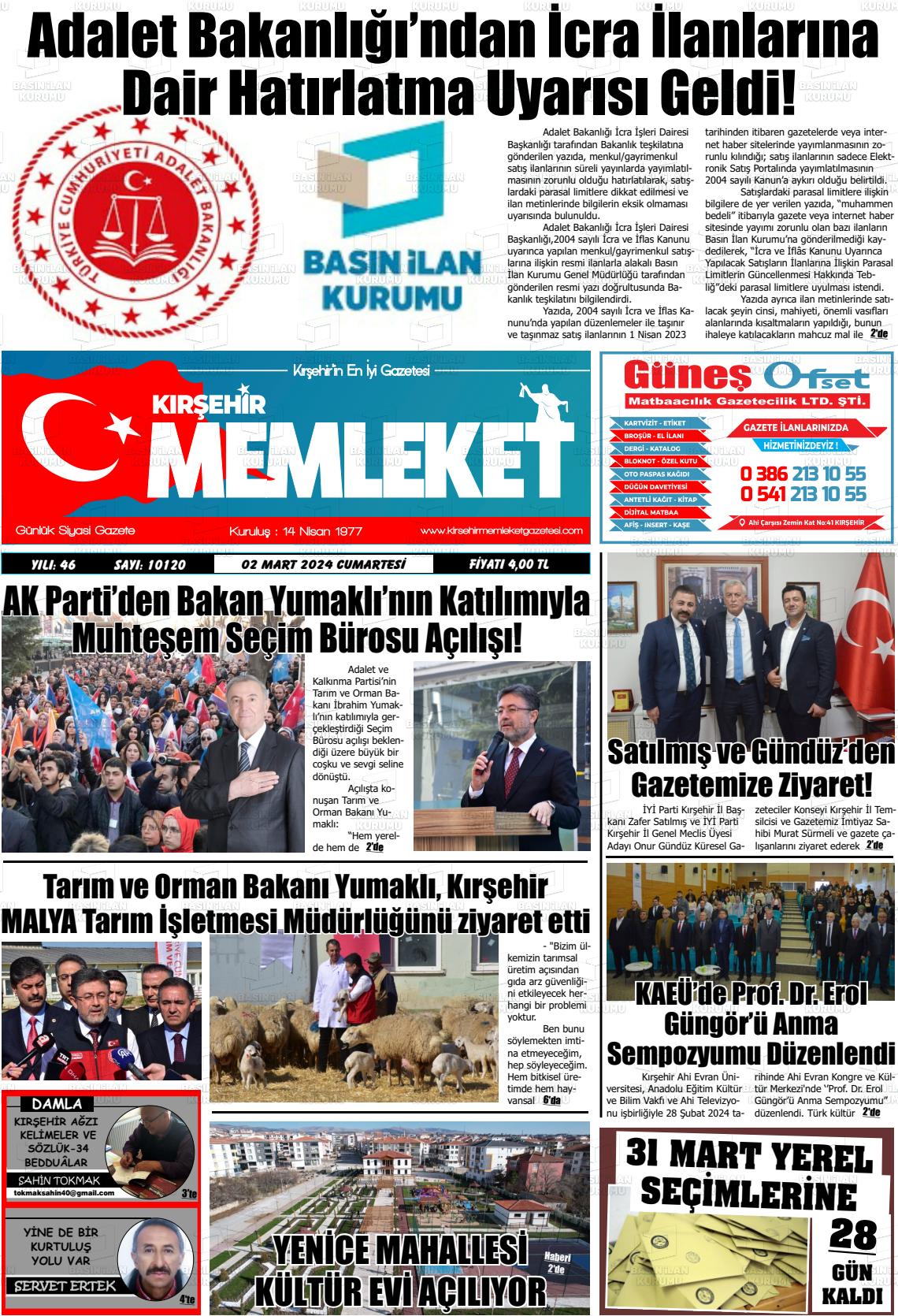 02 Mart 2024 Kırşehir Memleket Gazete Manşeti