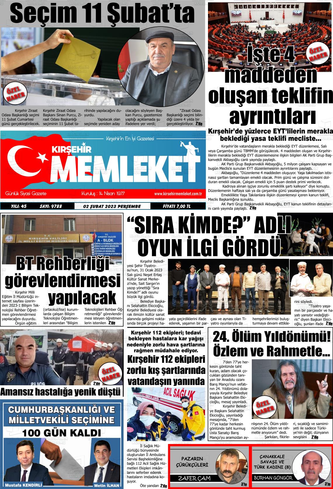 02 Şubat 2023 Kırşehir Memleket Gazete Manşeti