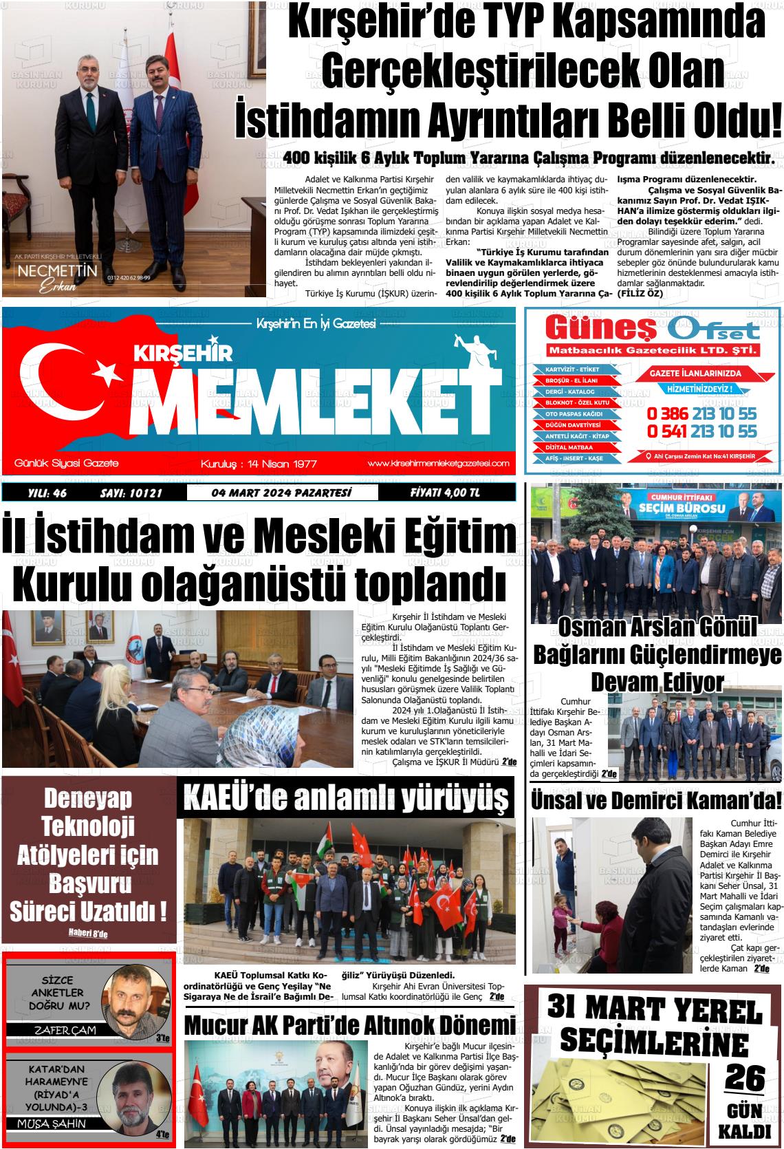 04 Mart 2024 Kırşehir Memleket Gazete Manşeti