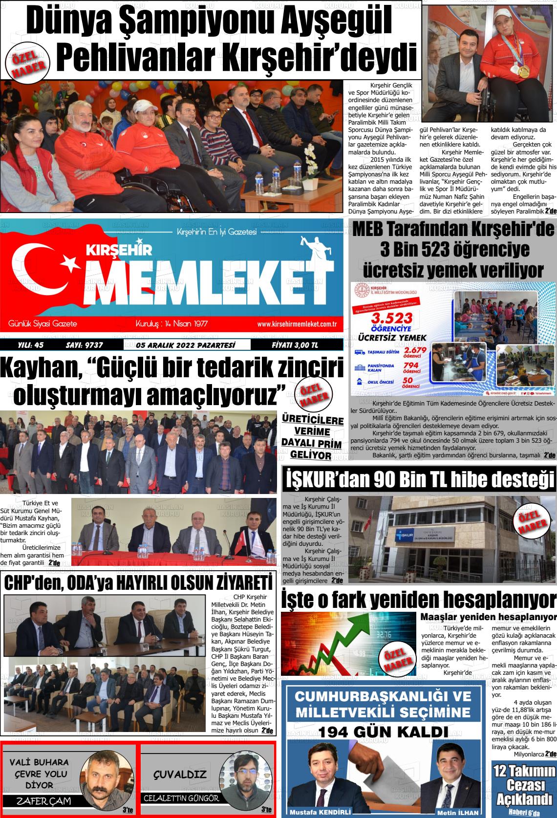 05 Aralık 2022 Kırşehir Memleket Gazete Manşeti