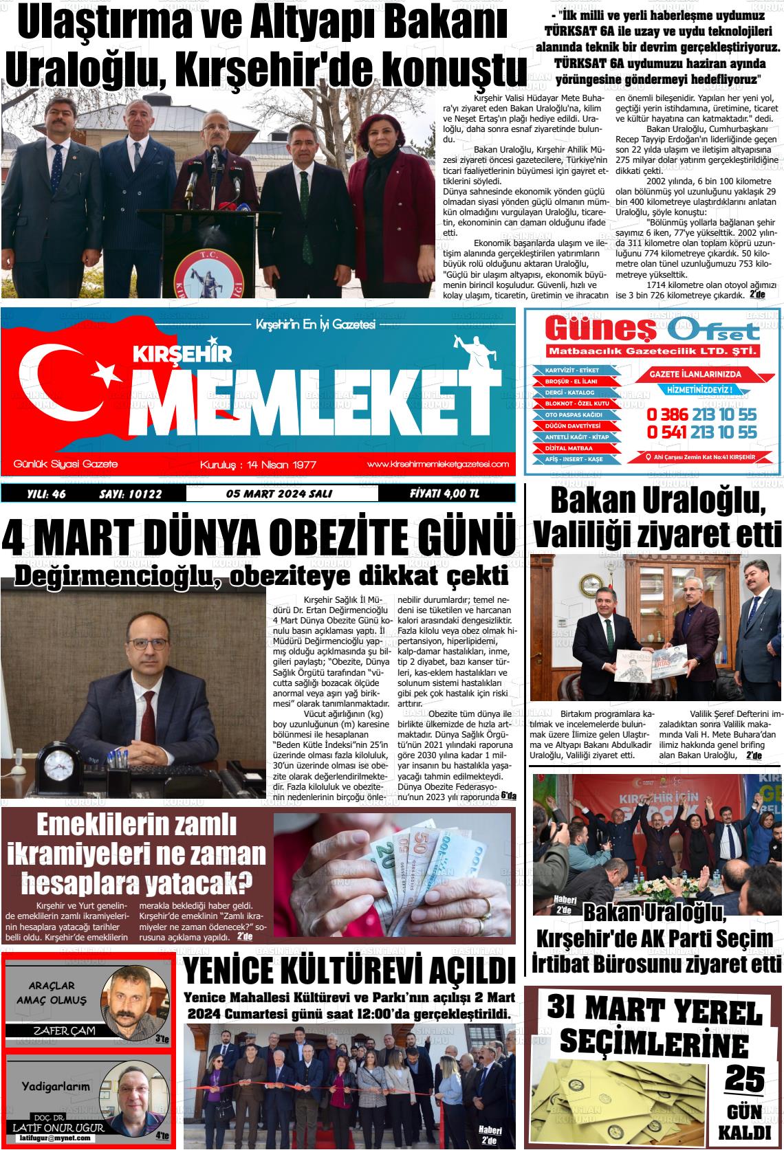 05 Mart 2024 Kırşehir Memleket Gazete Manşeti