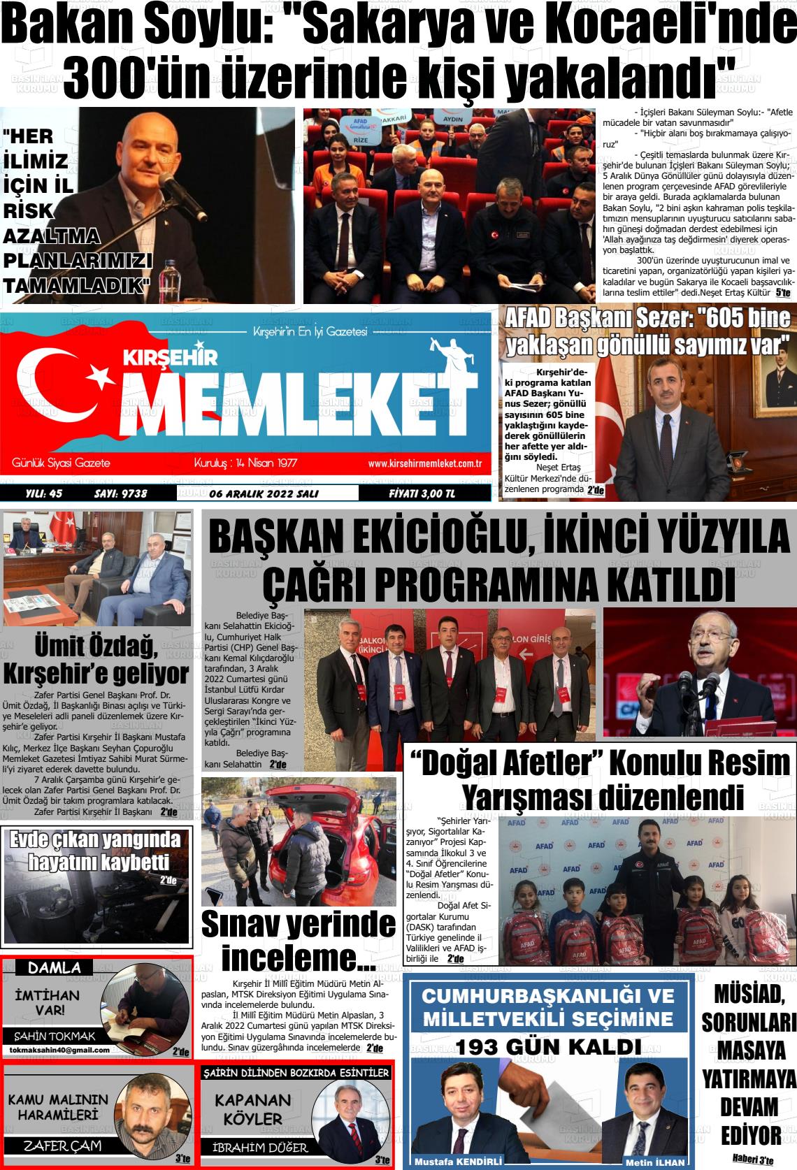 06 Aralık 2022 Kırşehir Memleket Gazete Manşeti