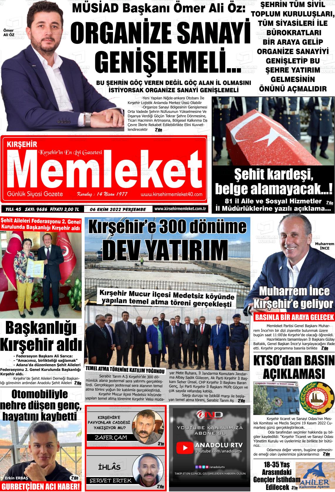 06 Ekim 2022 Kırşehir Memleket Gazete Manşeti